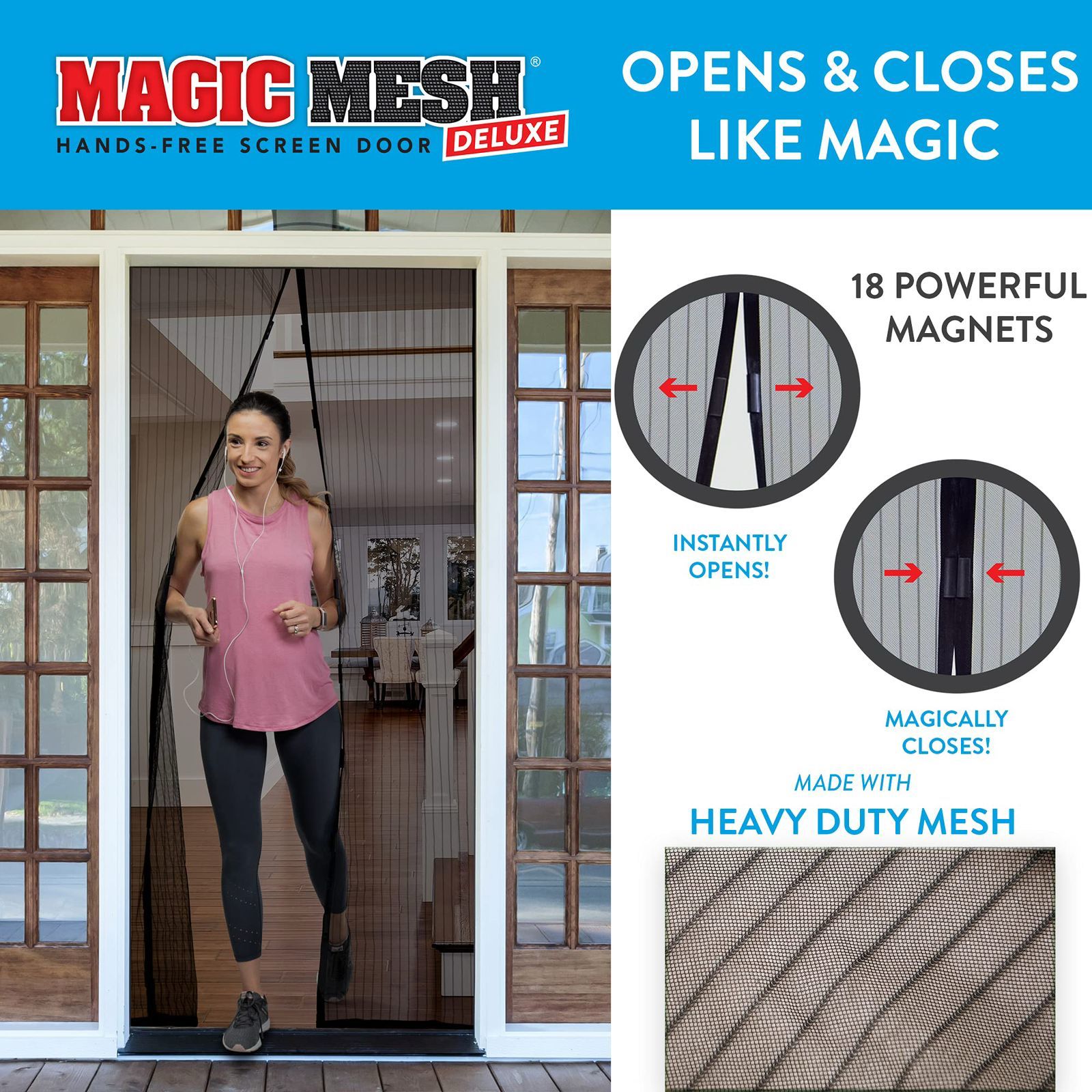Magic Mesh Hands-Free Screen Door – Auto Closing Magnetic Mesh for Fresh Air & Bug Protection Magic Mesh Hands-Free Screen Door