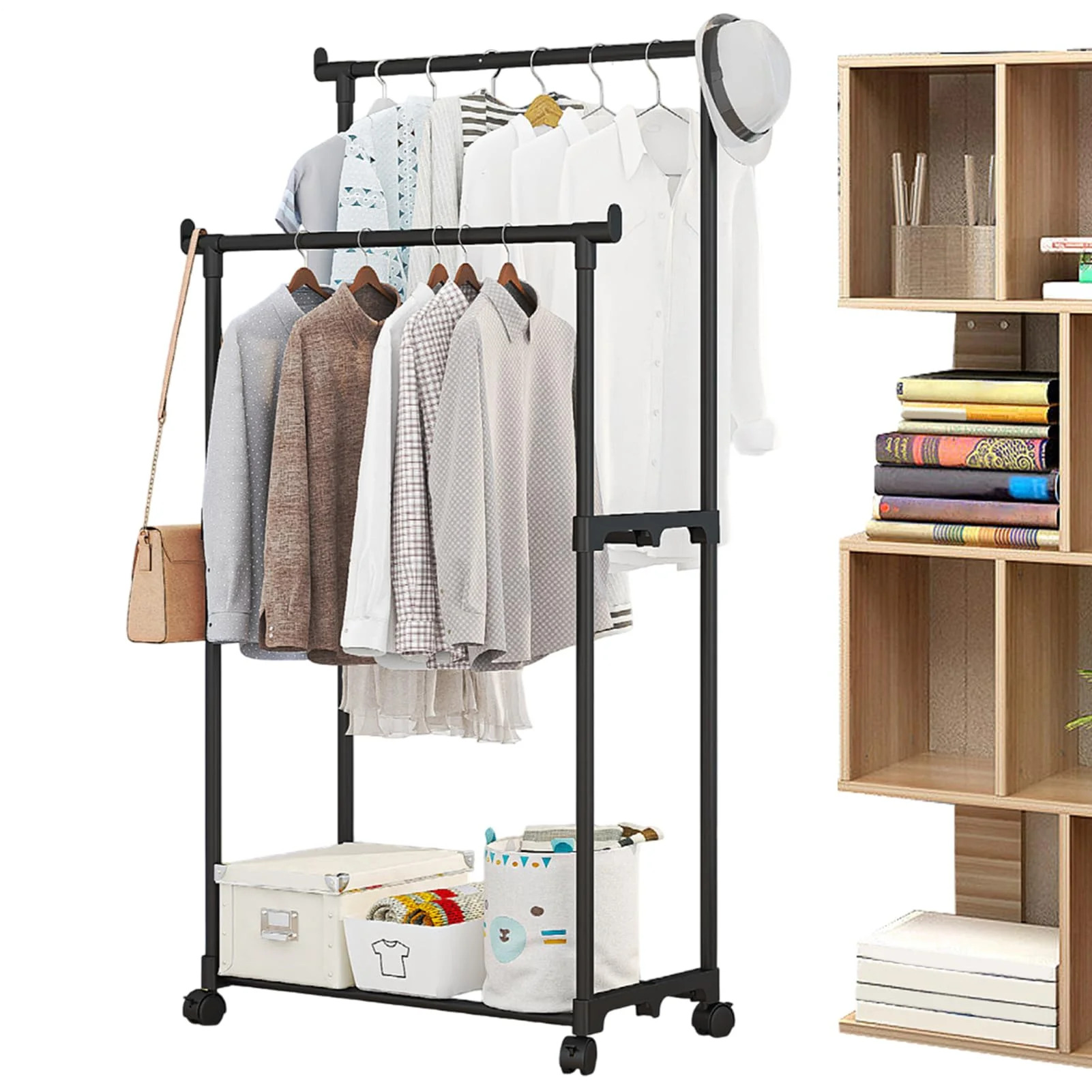 Double Pole Clothes Rack - Multi Purpose Movable Floor Standing Coat Storage Storage with Wheels | Perfect for Bedroom, Laundry & More Double Pole Clothes Rack