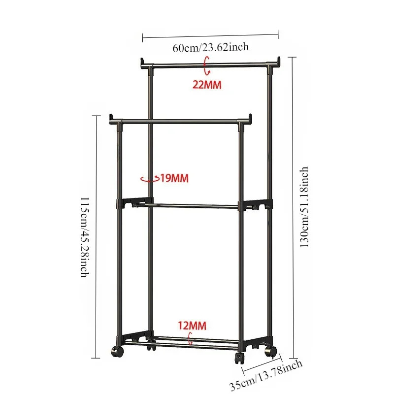 Double Pole Clothes Rack - Multi Purpose Movable Floor Standing Coat Storage Storage with Wheels | Perfect for Bedroom, Laundry & More Double Pole Clothes Rack - Multi Purpose Movable Floor Standing Coat Storage Storage with Wheels | Perfect for Bedroom, Laundry & More - Image 2