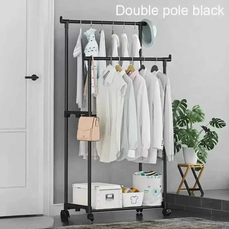 Double Pole Clothes Rack - Multi Purpose Movable Floor Standing Coat Storage Storage with Wheels | Perfect for Bedroom, Laundry & More Double Pole Clothes Rack - Multi Purpose Movable Floor Standing Coat Storage Storage with Wheels | Perfect for Bedroom, Laundry & More - Image 3