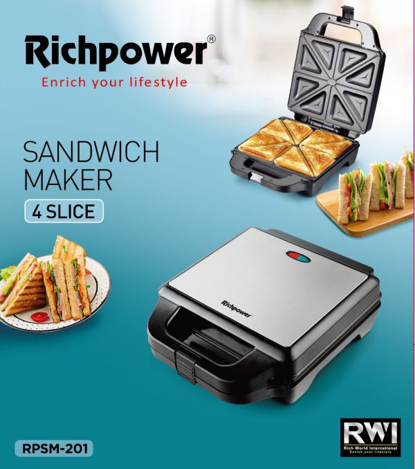 Richpower Sandwich Maker RPSM 201 - 4 Slice Non-Stick Toaster for Fast Snacks Richpower Sandwich Maker RPSM 201 - 4 Slice Non-Stick Toaster for Fast Snacks - Image 2