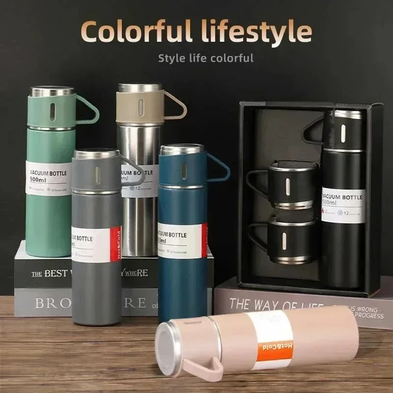 500ml Stainless Steel Vacuum Flask Set with 3 Cups – Insulated Thermos Bottle for Travel, Office & Outdoor Use - Random Colors 500ml Stainless Steel Vacuum Flask Set